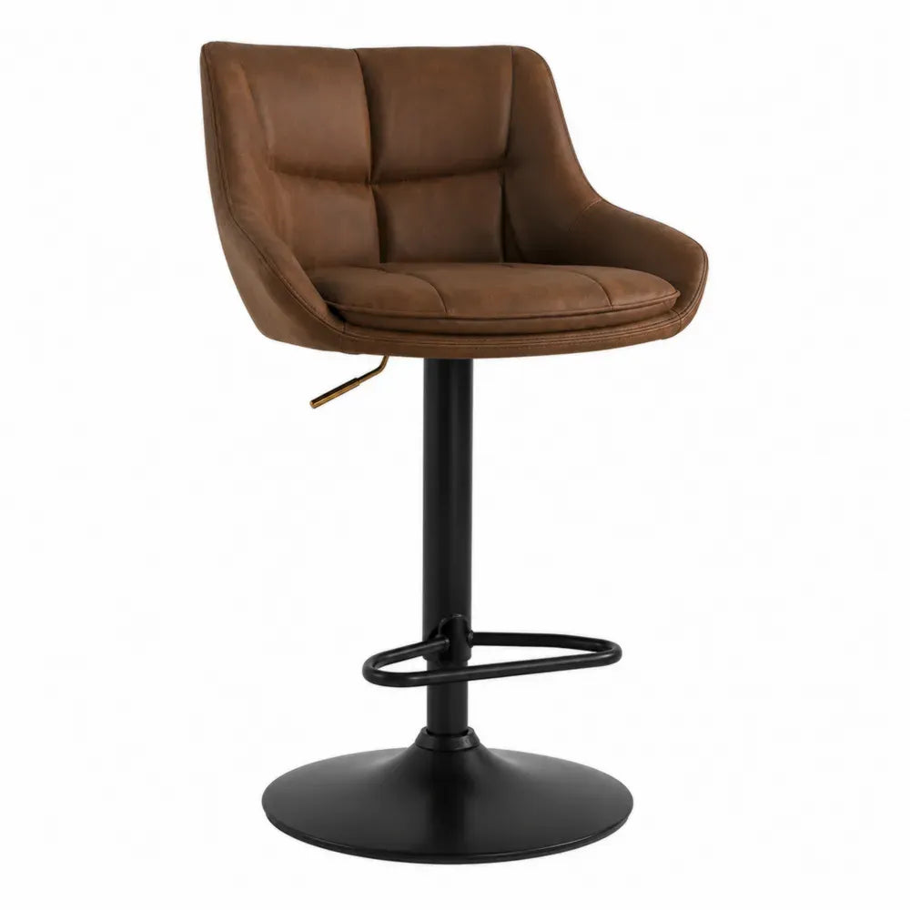 Taburete de bar regulable giratorio con respaldo acolchado tapizado marrón base de acero negro y reposapiés 55 x 50 x 85-105 cm