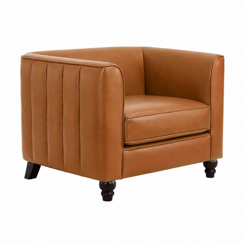 Sillón individual tapizado en piel sintética PU marrón con reposabrazos respaldo envolvente y patas de madera 78 x 75 x 72 cm