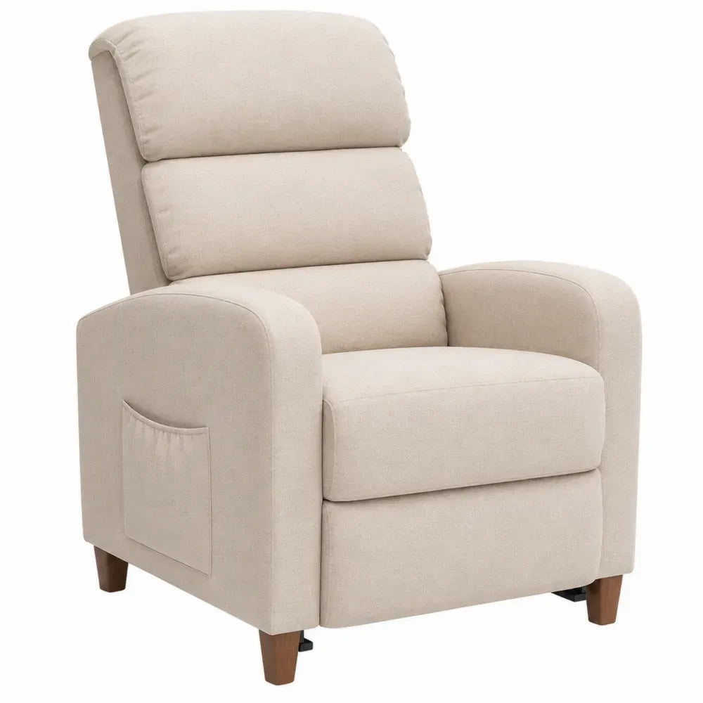 Silla reclinable tapizada en tejido beige con estructura de madera y metal con bolsillo lateral y reposabrazos acolchados sin dimensiones especificadas