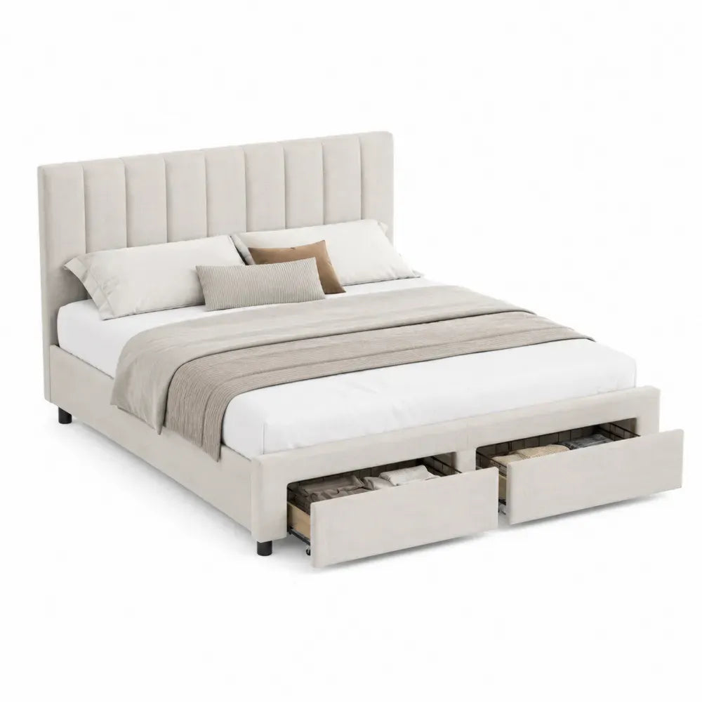 Cama de matrimonio tapizada en poliéster beige con cabecero acanalado y 2 cajones frontales 210 x 170 x 115 cm