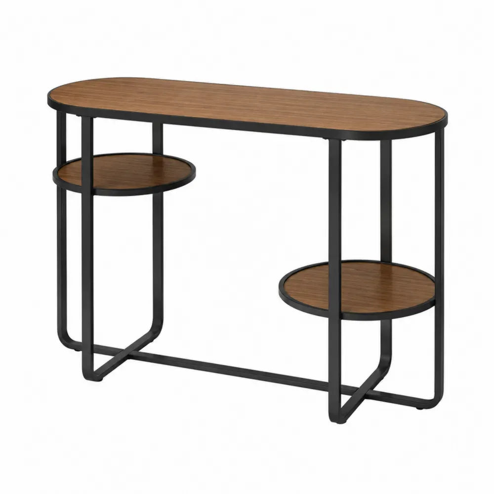 Consola de salón con estantes laterales redondos madera natural y metal negro estilo industrial 120 x 35 x 80 cm