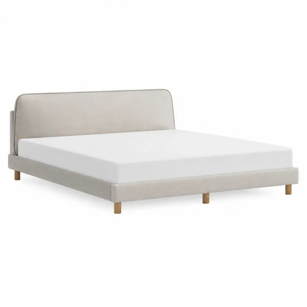 Cama doble rectangular tapizada en poliéster beige con cabecero redondeado y patas de madera 165 x 215 x 95 cm