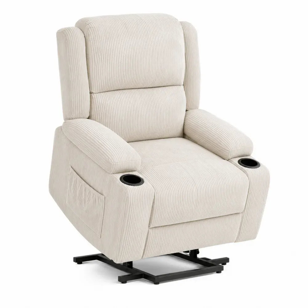 sillón reclinable tapizado en tejido de poliéster acanalado color beige con portavasos estructura de acero y madera contrachapada forma individual 95 cm ancho 90 cm profundidad 100 cm altura