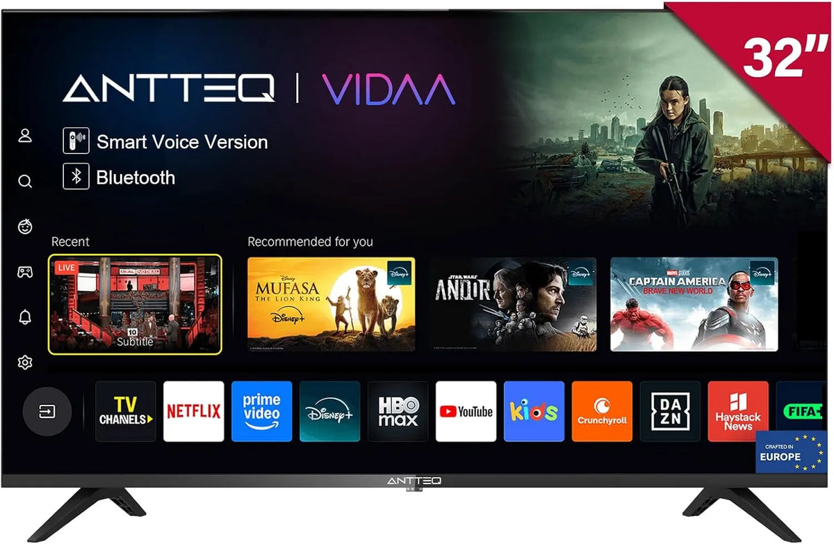 Antteq DVB-T2/S2/C V32-AH3.Q1D-BT, TV'er, V32- AH3.Q1D- BT Smart TV 32 tommer Bluetooth (LED TV 80cm) TV, HD, Vidaa OS, App, Sort, 80cm, 81 cm