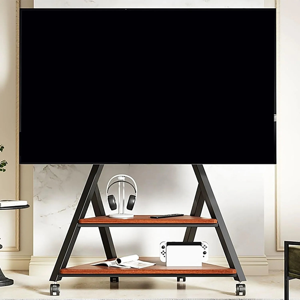 EKDJSN, Stativfødder, Mobile TV stand, rullende TV stand med mediehylde og fastgørelseshjul, Sort, 60 kg, 100 x 100 mm, 600 x 400 mm, 80 kg