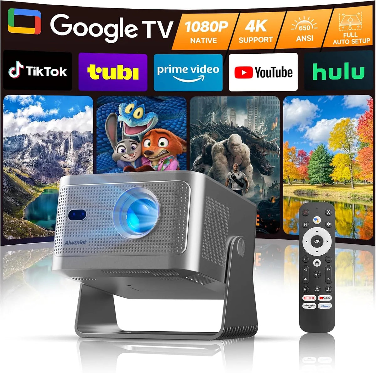 Alwtniet 1080P, Projektorer, Mini Beamer Projector 4K støttet med Google TV, Indfødt 650 ANSI, Sort, 4K