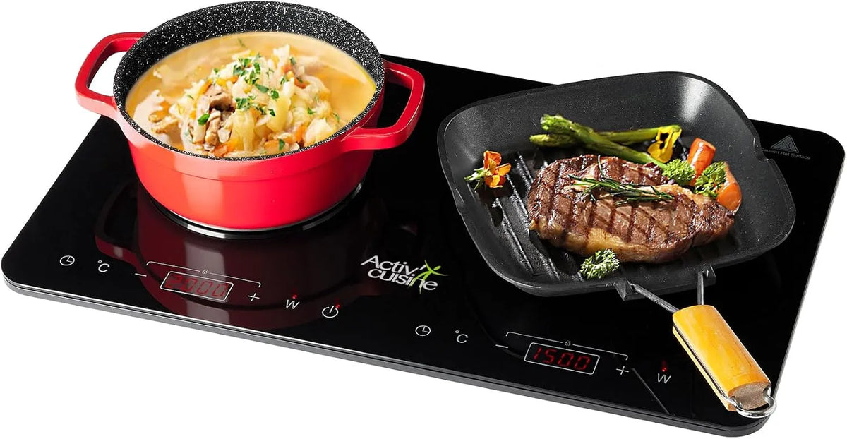 ACTIV CUISINE 3-Stunden, Kogeplader, Induktionsspole 2 plader, dobbelt induktion hotplate med uafhængig kontrol 3500W, Sort, 3500W, 200 W