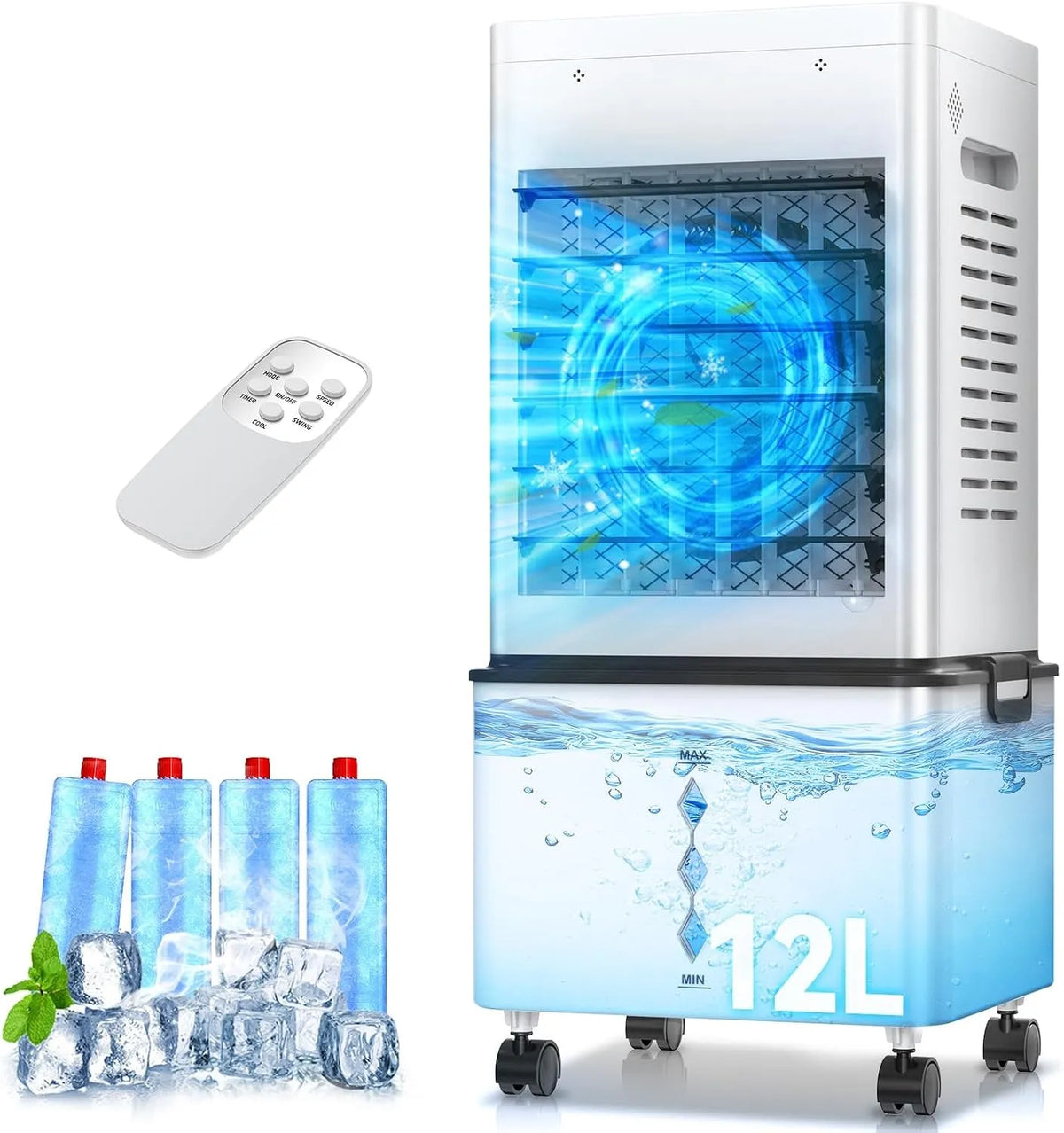 GLOWITE, Mobile klimaanlæg, Mobile fordampningsluftkøler 12 L, fjernbetjening, 6 trin, 24h timer, 40 dB, Hvid, 12 L
