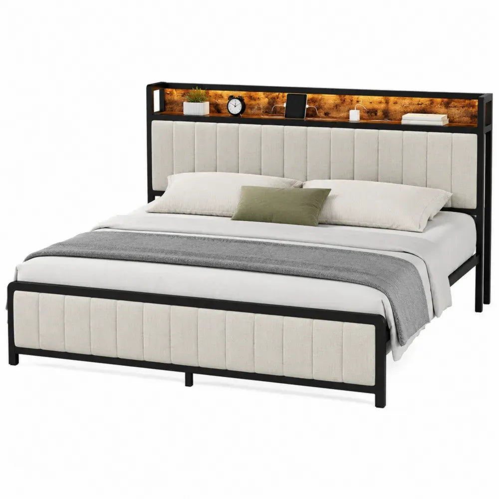 Cama de dormitorio 160x200 cm estructura de metal negro cabecero tapizado beige con estante de madera integrado