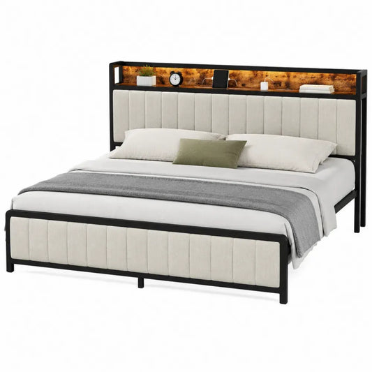 Cama de dormitorio 160x200 cm estructura de metal negro cabecero tapizado beige con estante de madera integrado