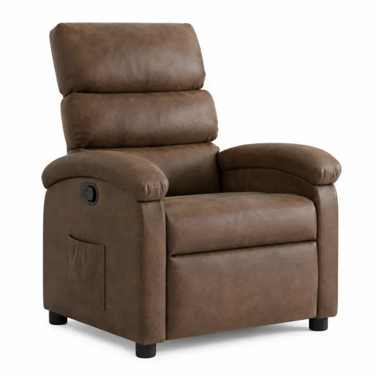 Sillón reclinable individual tapizado PU marrón con respaldo alto acolchado reposabrazos bolsillo lateral y patas negras 85 x 95 x 105 cm
