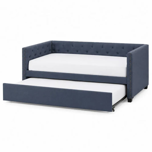 Cama nido tipo sofá rectangular tapizada en poliéster azul oscuro con cama inferior extraíble 200 x 95 x 85 cm