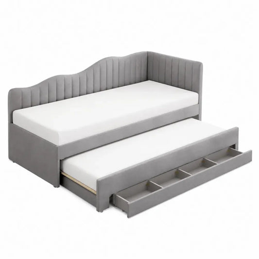Cama nido de dormitorio 200x90 cm estructura de madera y metal tapizada gris con cama inferior extraíble