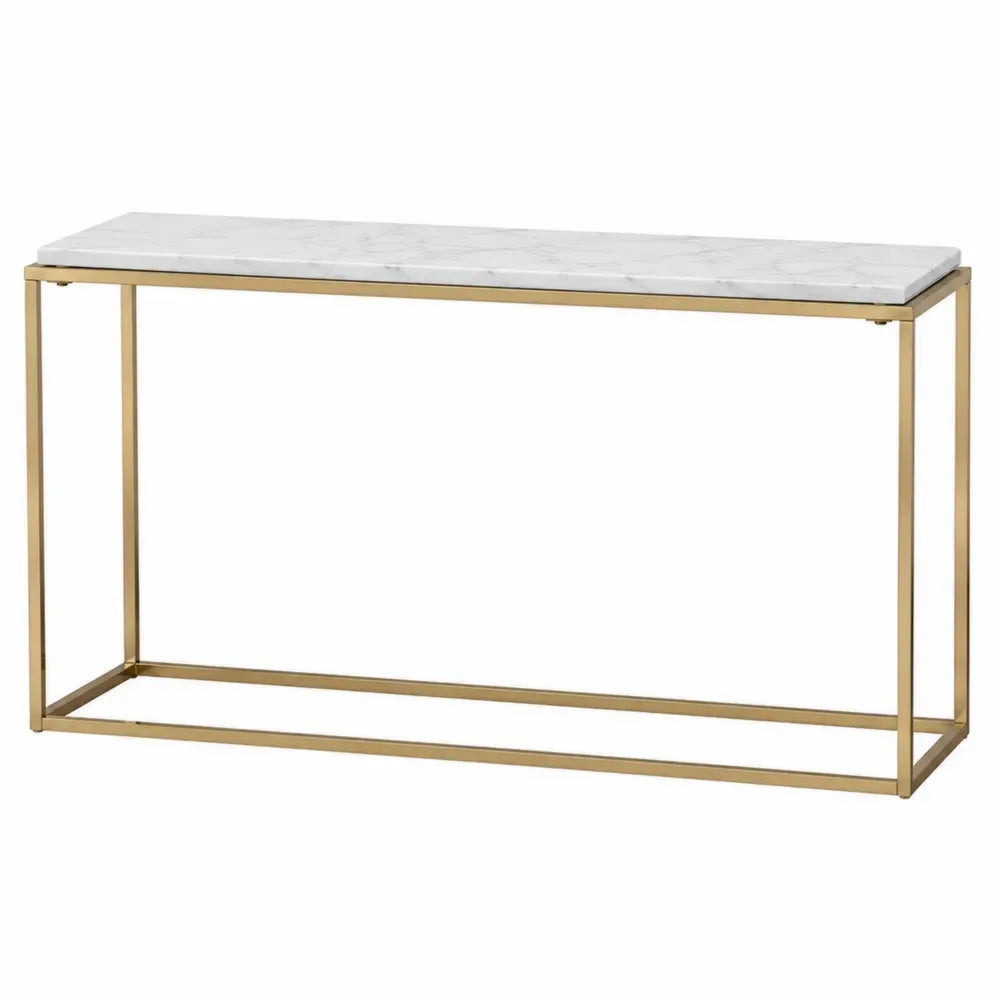 Mesa consola rectangular con tablero de piedra sinterizada efecto mármol blanco estructura de acero dorado 120 x 35 x 80 cm