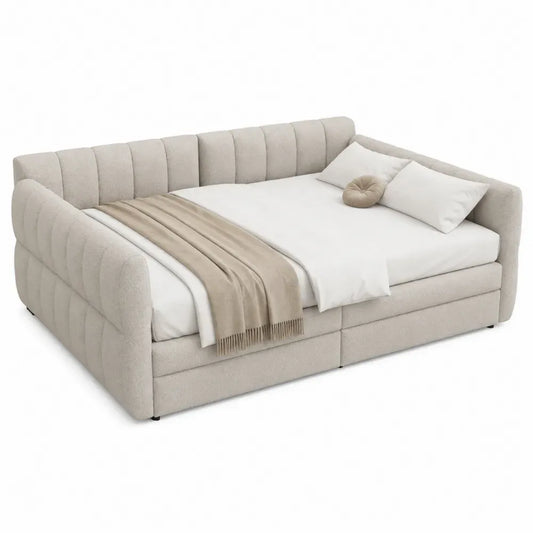 Cama tapizada tipo diván de poliéster beige con laterales y respaldo acolchados 200 x 95 x 85 cm