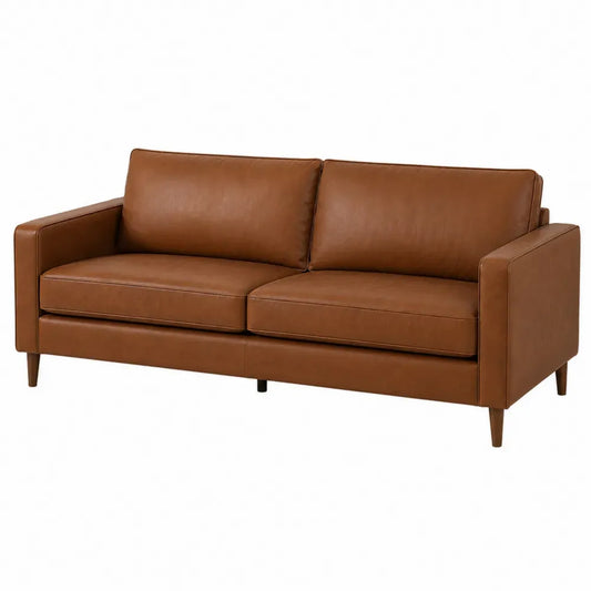 Sofá de 2 plazas tapizado en piel sintética PU marrón con reposabrazos rectos y patas de madera 180 x 85 x 80 cm