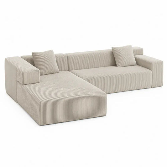 Sofá chaise longue en L de 280 x 180 x 70 cm tapizado en tejido de pana acanalada beige con estructura de contrachapado de pino y espuma de poliuretano