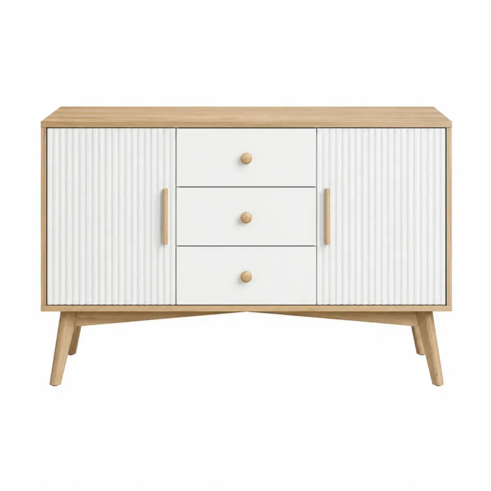 aparador de almacenamiento decorativo con puertas y cajones MDF con acabado efecto madera natural y blanco 140 x 40 x 80 cm patas de madera maciza diseño escandinavo