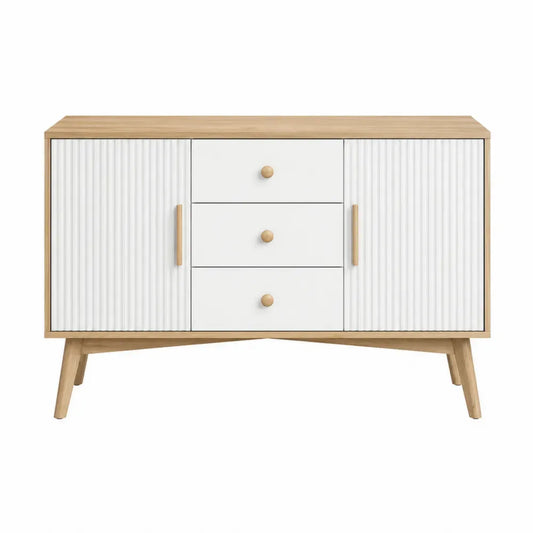 aparador de almacenamiento decorativo con puertas y cajones MDF con acabado efecto madera natural y blanco 140 x 40 x 80 cm patas de madera maciza diseño escandinavo
