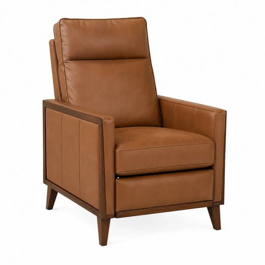Sillón individual tapizado en piel sintética PU marrón con respaldo alto acolchado estructura de madera de caucho y patas inclinadas 75 x 85 x 95 cm
