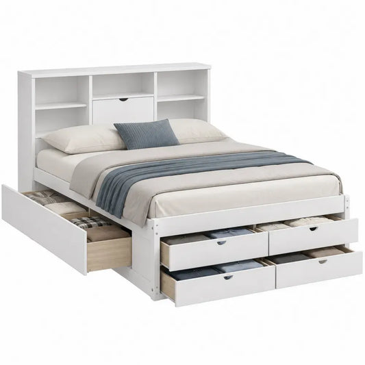 cama doble con almacenaje estructura de tablero de partículas melaminado blanco con cabecero estantes y cajones 250 cm x 165 cm x 110 cm
