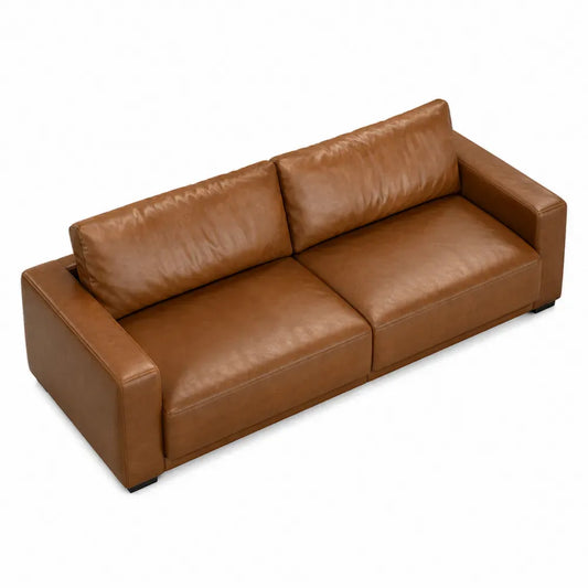 Sofá de 3 plazas de 190 cm tapizado en piel sintética marrón con estructura de madera y cojines de espuma diseño moderno