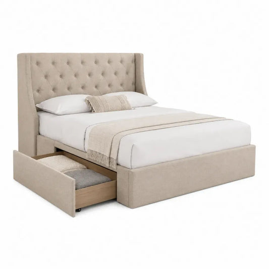 cama tapizada con cajón lateral de almacenamiento y cabecero acolchado beige estructura de MDF 200 cm x 160 cm x 110 cm
