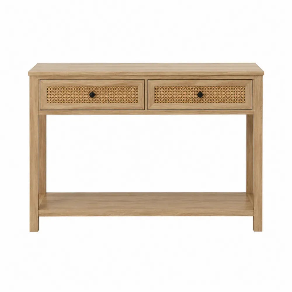Mesa consola rectangular con 2 cajones frente de ratán MDF efecto roble natural tiradores negros y estante inferior 120 x 35 x 80 cm