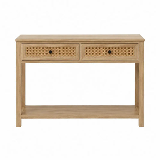 Mesa consola rectangular con 2 cajones frente de ratán MDF efecto roble natural tiradores negros y estante inferior 120 x 35 x 80 cm