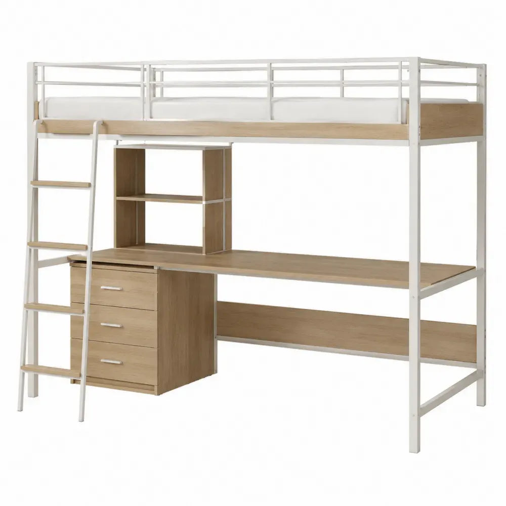 cama alta con escritorio armario y cajones estructura de acero blanco con tablero melamina roble 205 cm x 98 cm x 180 cm
