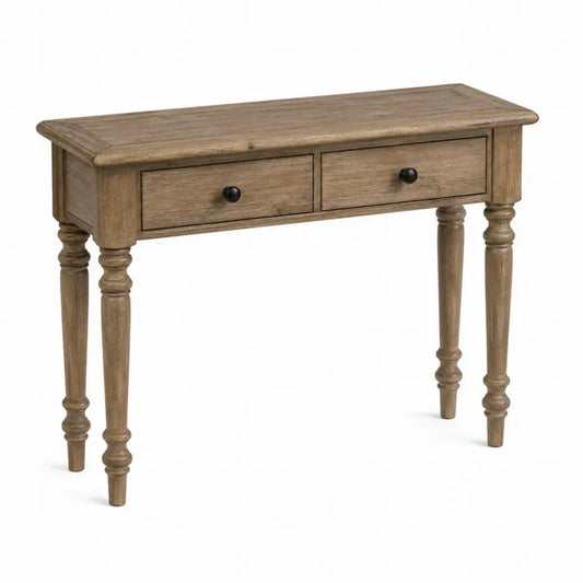 Mesa consola de madera maciza estilo rústico con 2 cajones patas torneadas color madera natural sin dimensiones especificadas