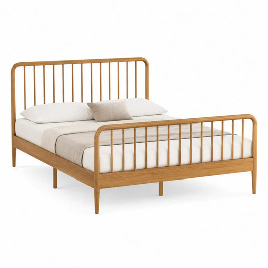 Cama de matrimonio rectangular de madera maciza de caucho color madera natural con cabecero de barrotes para colchón 160 x 200 cm