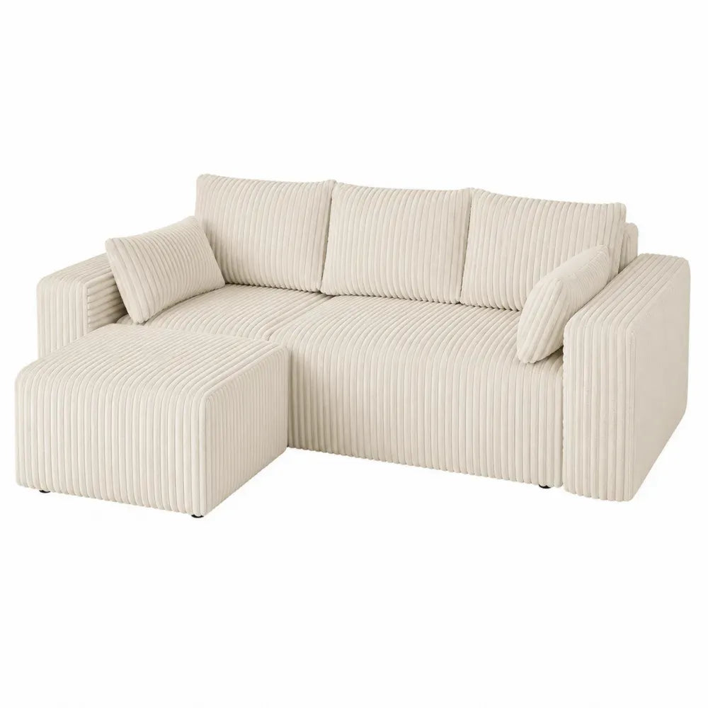 Sofá esquinero en L de 3 plazas con chaise longue izquierda tapizado en pana de poliéster beige 220 x 150 x 85 cm