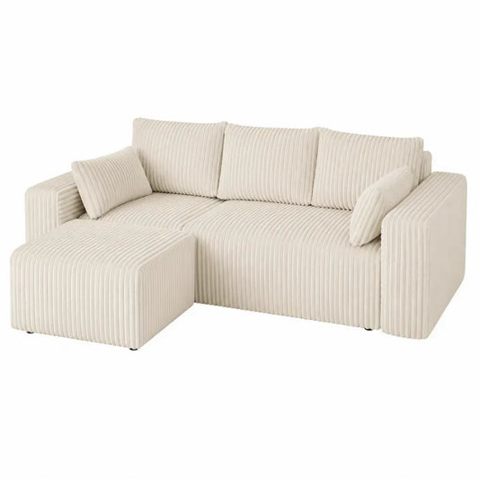 Sofá esquinero en L de 3 plazas con chaise longue izquierda tapizado en pana de poliéster beige 220 x 150 x 85 cm