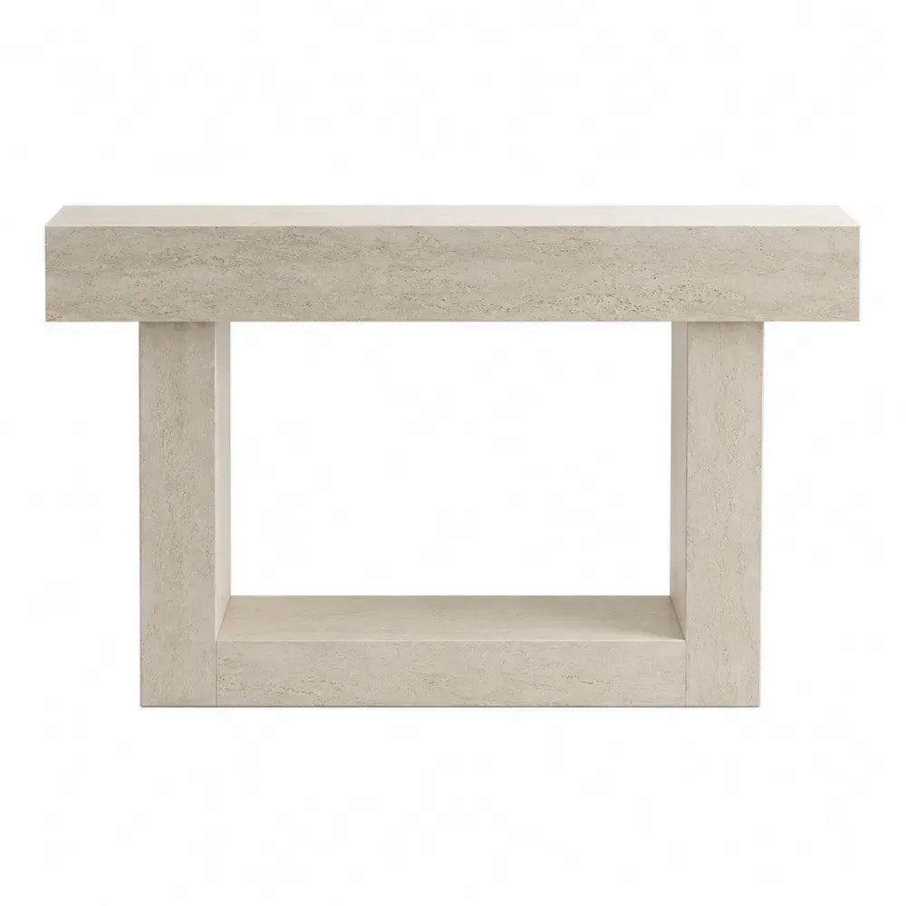 Mesa consola rectangular de piedra sinterizada efecto travertino beige con estante inferior 120 x 35 x 80 cm