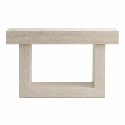 Mesa consola rectangular de piedra sinterizada efecto travertino beige con estante inferior 120 x 35 x 80 cm