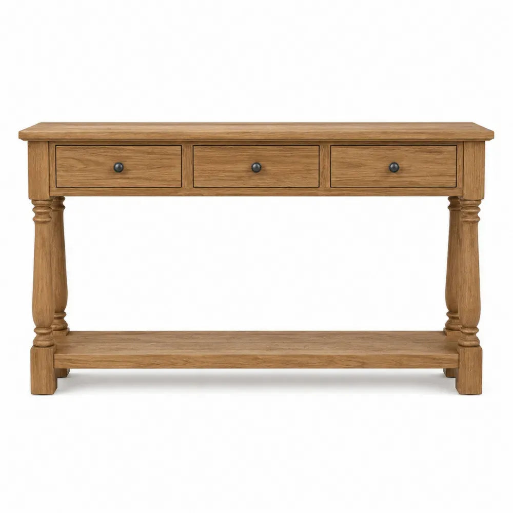 Consola de salón mesa consola rectangular de madera maciza de roble 120 cm con 3 cajones y estante inferior patas torneadas estilo rústico color roble natural