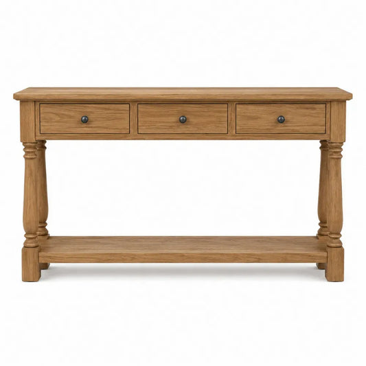 Consola de salón mesa consola rectangular de madera maciza de roble 120 cm con 3 cajones y estante inferior patas torneadas estilo rústico color roble natural