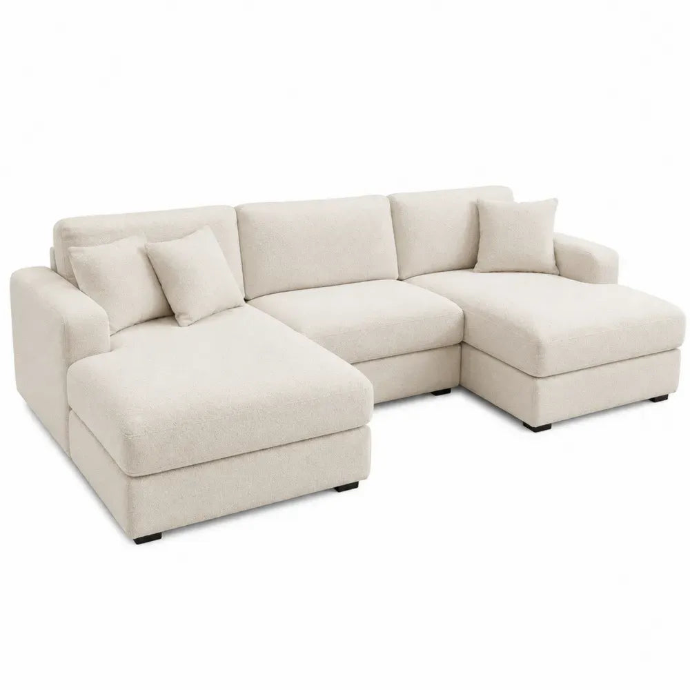 sofá esquinero en L de 250 cm tapizado en tejido de poliéster acanalado beige con chaise longue izquierda estructura de madera contrachapada de álamo patas de PP