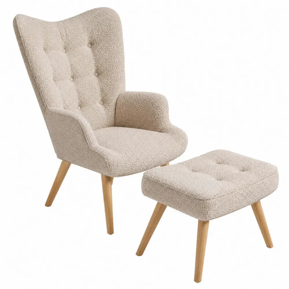 Sillón orejero con reposapiés tapizado bouclé beige estructura de madera natural silla 78 x 80 x 95 cm reposapiés 40 x 40 x 38 cm
