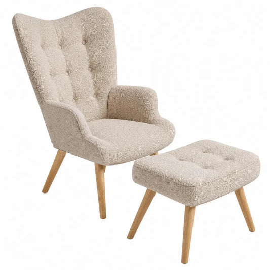 Sillón orejero con reposapiés tapizado bouclé beige estructura de madera natural silla 78 x 80 x 95 cm reposapiés 40 x 40 x 38 cm