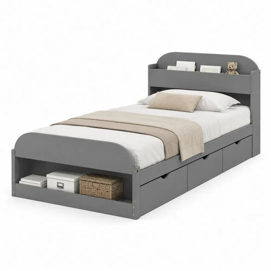 Cama individual de tablero de partículas y MDF gris con cajones laterales y cabecero con estantes para colchón 90 x 200 cm