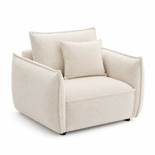 sillón individual tapizado en tejido bouclé de poliéster color beige estructura de madera contrachapada patas de madera maciza 110 cm longitud 95 cm profundidad 85 cm altura