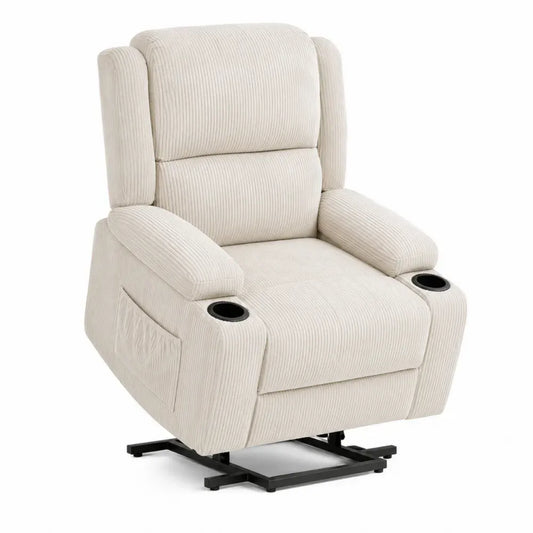 sillón reclinable tapizado en tejido de poliéster acanalado color beige con portavasos estructura de acero y madera contrachapada forma individual 95 cm ancho 90 cm profundidad 100 cm altura