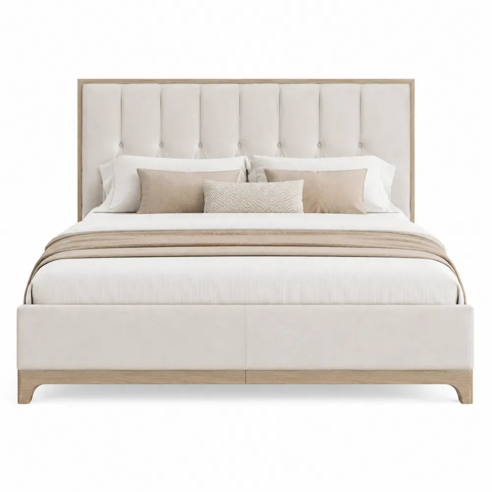 Cama doble rectangular tapizada en poliéster beige con cabecero acolchado vertical y marco de madera natural para colchón 160 x 200 cm
