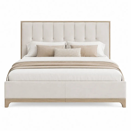 Cama doble rectangular tapizada en poliéster beige con cabecero acolchado vertical y marco de madera natural para colchón 160 x 200 cm