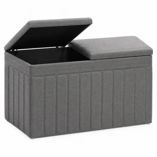 banco arcón de almacenamiento tapizado en tejido gris con tapa abatible y bandeja extraíble estructura MDF 100 cm x 40 cm x 45 cm