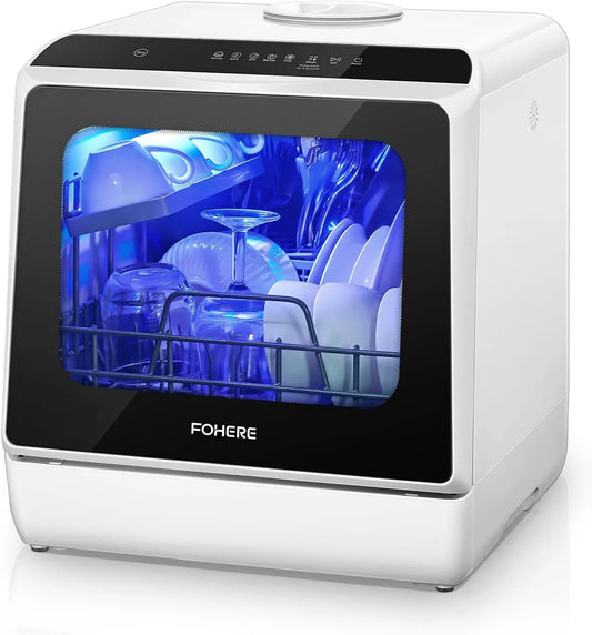 FOHERE 2-in-1 in-1, Bordopvaskemaskiner, Mini opvaskemaskine med 5L tank, timer funktion, 21- vandforsyning, 6 programmer, Hvid, 5L, 1 v